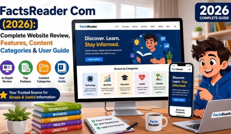 FactsReader Com homepage illustration showing digital knowledge articles across technology, finance, education, health, and lifestyle categories.