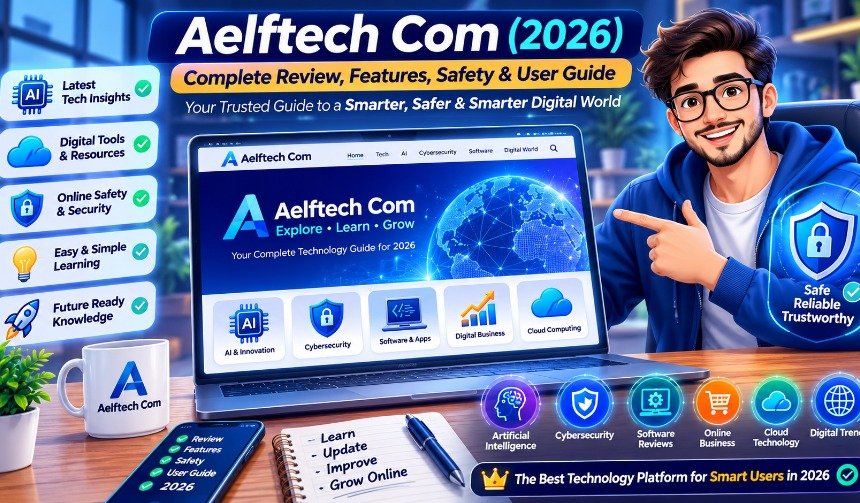 A modern digital dashboard representing Aelftech Com with AI technology, cybersecurity, cloud computing, analytics, and online business solutions.