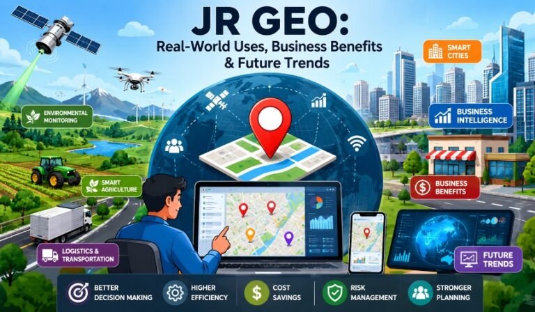 JR GEO digital mapping dashboard showing GIS, satellite data, GPS tracking, AI-powered spatial analytics, and smart city visualization.