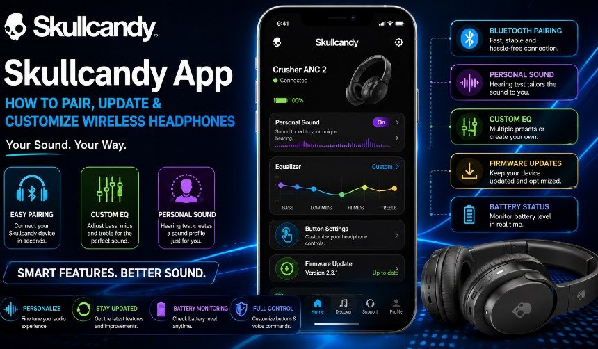 User customizing Skullcandy wireless headphones with the Skullcandy App, showing personalized sound, equalizer settings, firmware updates, and battery status on a modern smartphone.