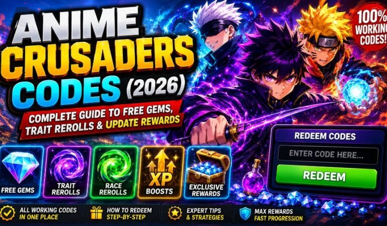 Anime Crusaders game characters with glowing Gems, reward icons, trait rerolls, race rerolls, and promotional code interface representing Anime Crusaders Codes 2026.