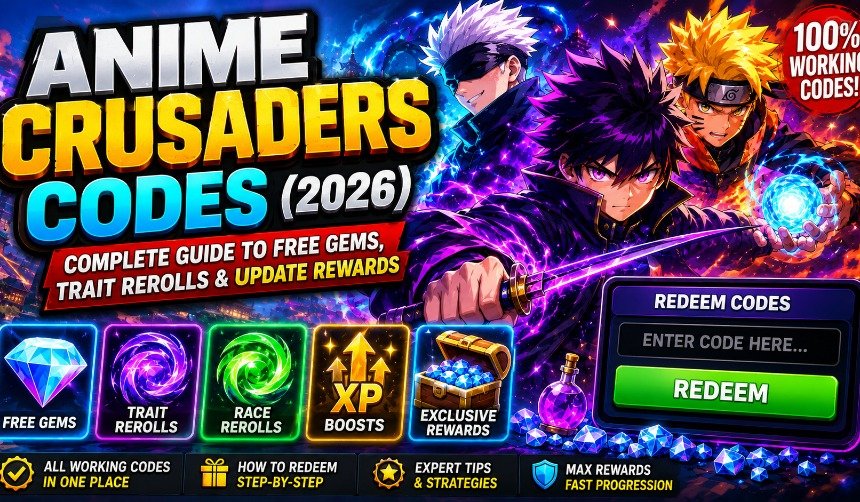 Anime Crusaders game characters with glowing Gems, reward icons, trait rerolls, race rerolls, and promotional code interface representing Anime Crusaders Codes 2026.