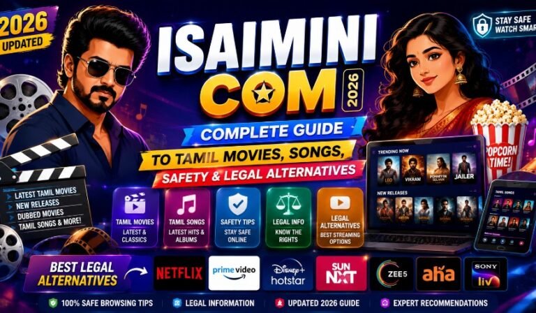Modern illustration representing Isaimini Com with Tamil movies, music, legal streaming platforms, and digital entertainment concepts in 2026.