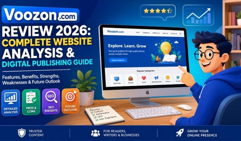 Professional illustration of Voozon.com showing digital publishing, SEO analysis, editorial workflow, guest posting opportunities, content strategy, analytics dashboards, and website growth in 2026