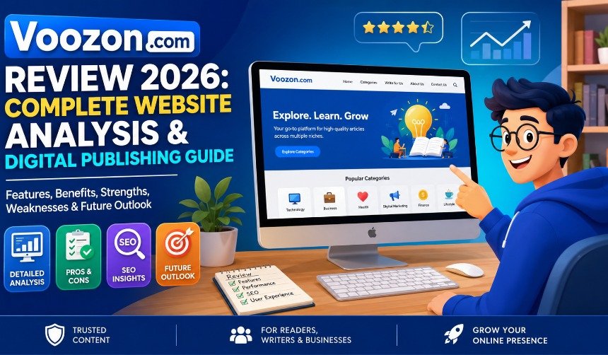 Professional illustration of Voozon.com showing digital publishing, SEO analysis, editorial workflow, guest posting opportunities, content strategy, analytics dashboards, and website growth in 2026