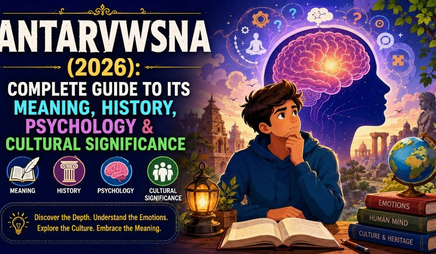 Artistic illustration representing Antarvwsna through emotional storytelling, cultural symbolism, books, digital reading, human thoughts, and modern online learning.