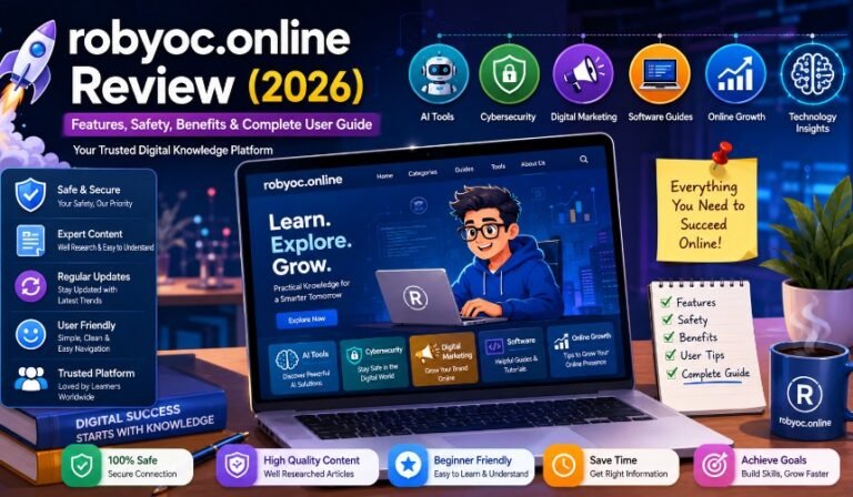 User exploring robyoc.online on a laptop with AI tools, cybersecurity resources, digital marketing guides, and technology learning content displayed in a modern digital workspace.