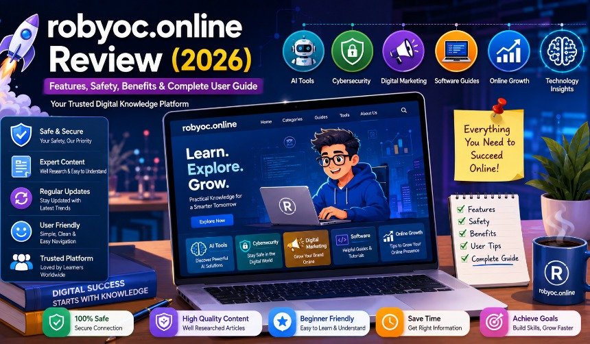 User exploring robyoc.online on a laptop with AI tools, cybersecurity resources, digital marketing guides, and technology learning content displayed in a modern digital workspace.
