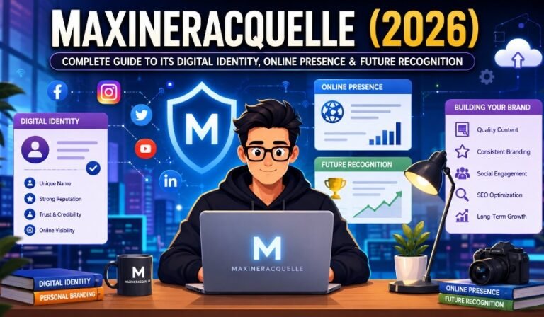 Creative illustration representing the Maxineracquelle digital identity with branding, SEO growth, social media, search engine visibility, and modern online presence.