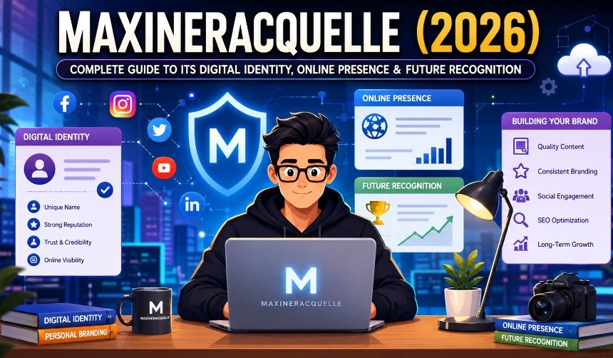 Creative illustration representing the Maxineracquelle digital identity with branding, SEO growth, social media, search engine visibility, and modern online presence.