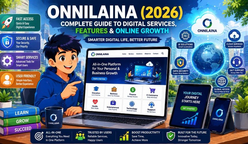 Modern digital platform interface representing Onnilaina with AI, cloud technology, secure online services, mobile devices, and global connectivity.