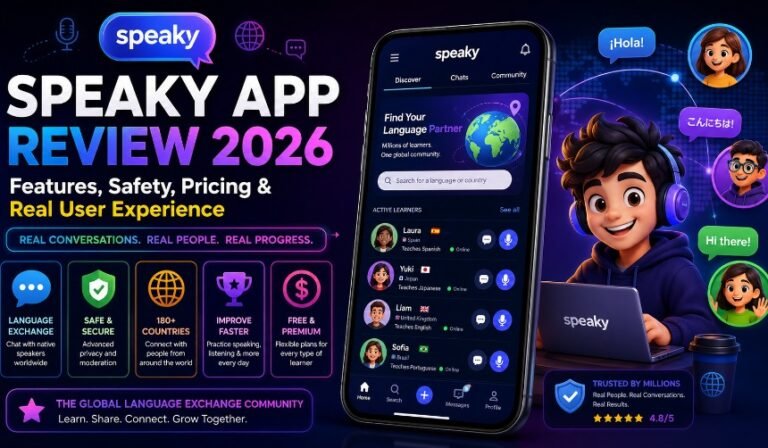 User chatting with international language partners using the Speaky App for real-time language exchange in 2026.
