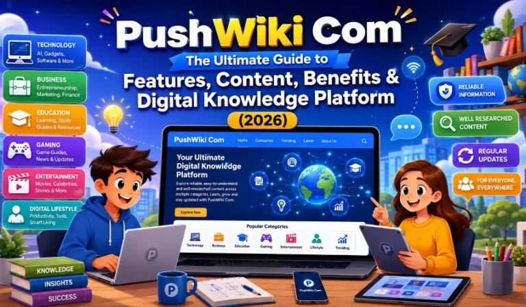 Modern illustration of PushWiki Com featuring technology, business, education, gaming, AI, digital learning, and online knowledge resources on a professional digital platform.