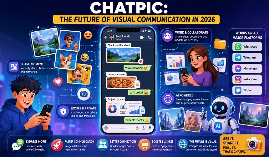 Person sharing colorful chat images through a smartphone using modern messaging apps with photos, graphics, emojis, and AI-generated visuals.