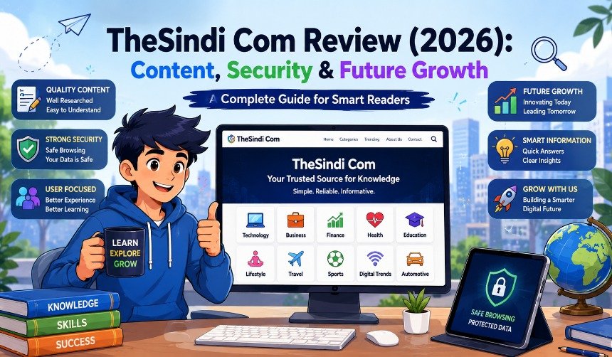 User exploring TheSindi Com on a laptop with technology, business, health, education, finance, travel, and lifestyle articles displayed on a modern digital dashboard.